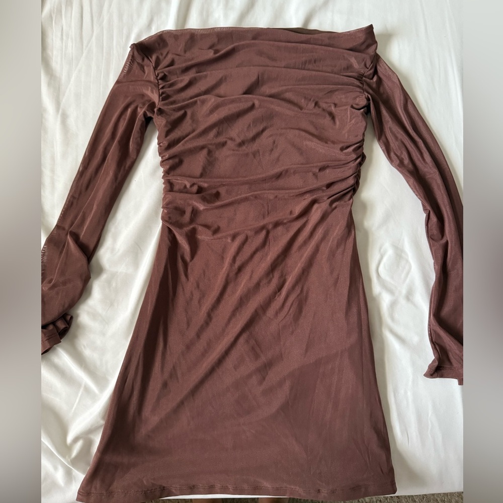 Elegant Brown off the shoulder Long Sleeve Dress